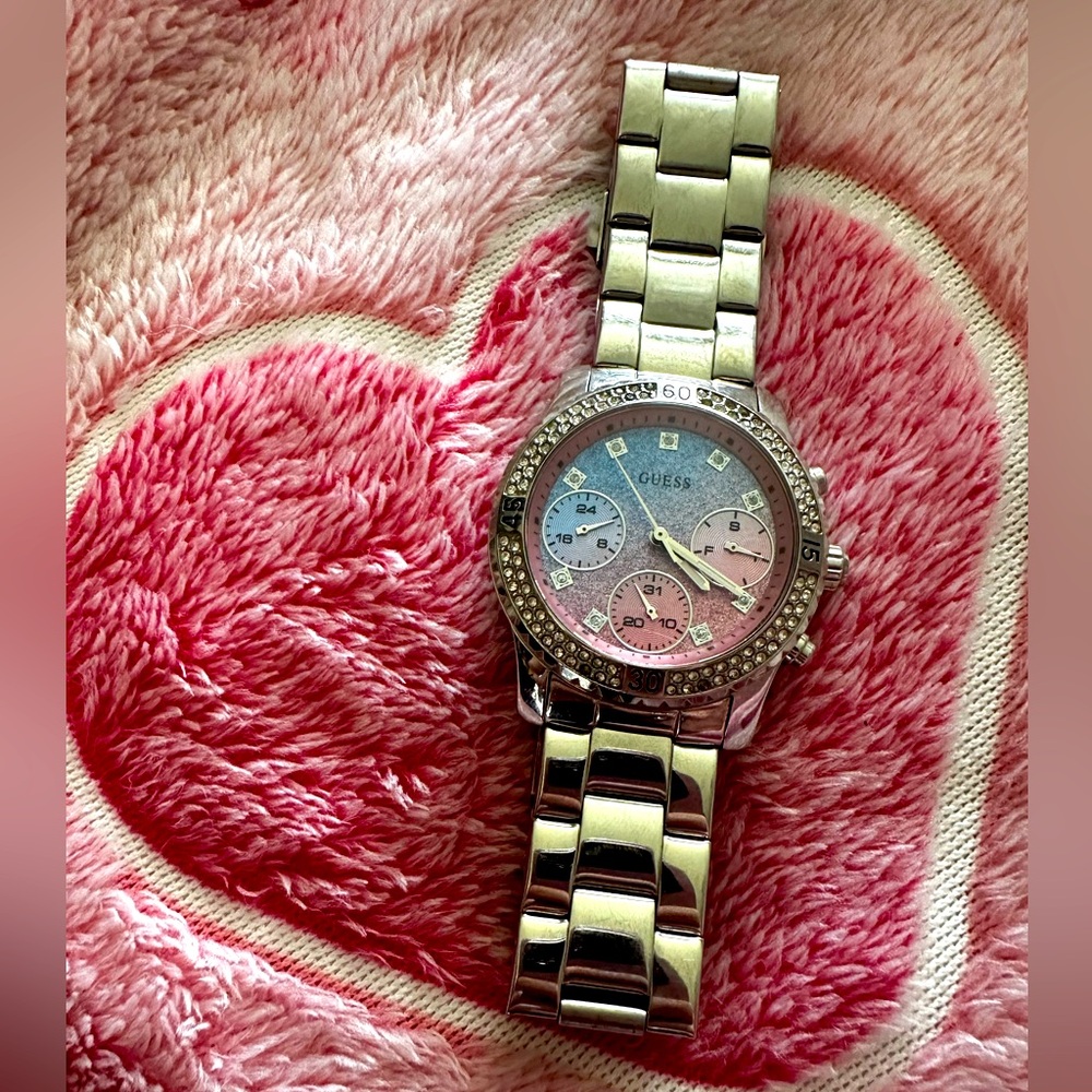 GUESS Silver Watch with Pink and Blue Glitter Face
